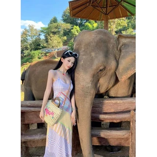 ส่งทันที Cici(NO. Y6283) เดรสยาวสายเดี่ยวพิมพ์ลวดลายตาราง จั้มอก สายปรับได้ ซิปข้างเก็บหุ่นเข้ารูป แต่งปลายเฉียง