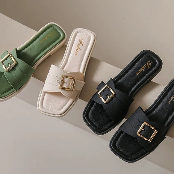 home..fashion รองเท้าแตะแฟชั่น แบบสวม ส้นแบน สายเข็มขัด พื้นเรียบ ใส่สบาย พร้อมส่ง S-199