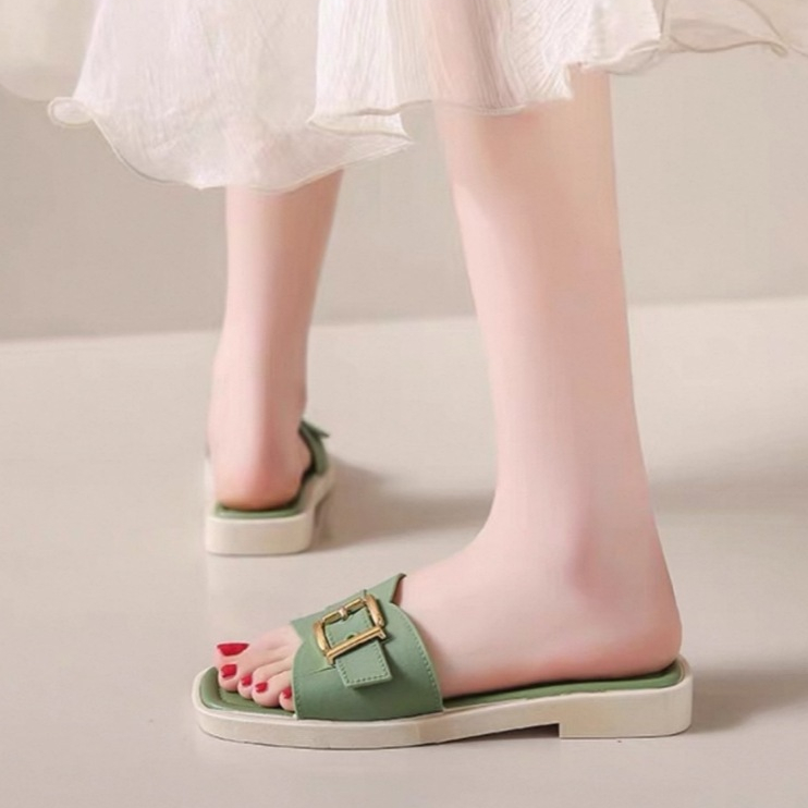 home..fashion รองเท้าแตะแฟชั่น แบบสวม ส้นแบน สายเข็มขัด พื้นเรียบ ใส่สบาย พร้อมส่ง S-199