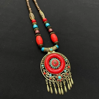 Accessories สร้อยคอชาติพันธุ์ จี้หินยิปซีทรงหยดน้ำ ประดับพู่ สไตล์วินเทจ หลากหลายสี โบฮีเมียน ทิเบต