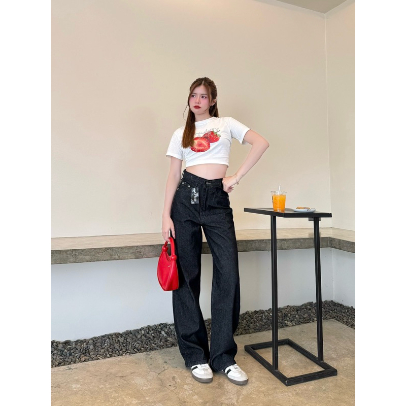 (S-38) กางเกงยีนส์เอวสูงทรงกระบอกสีดำสนิม ผ้าไม่ยืด Atom jeans (7001)