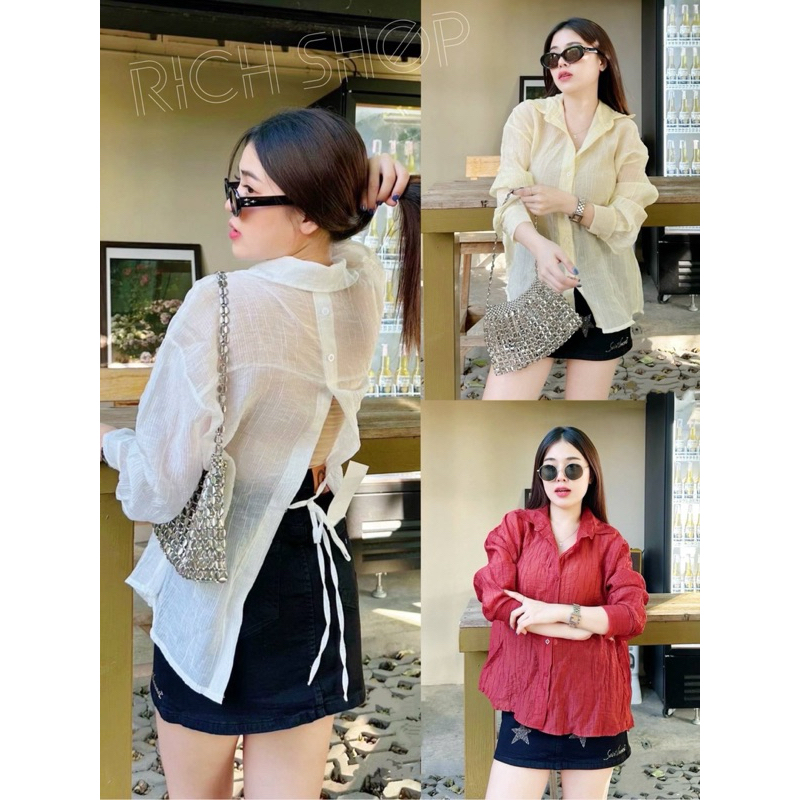 เสื้อเชิ้ตแขนยาว (ผูกโบว์หลัง) ”ผ้าชีฟอง“ กระดุมหน้า-หลัง!!