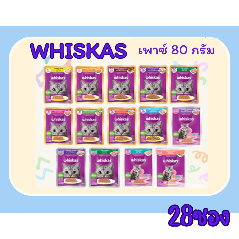 Whiskas อาหารแมว อาหารเปียกแมว วิสกัสเพาช์ 80กรัม (x28ซอง)