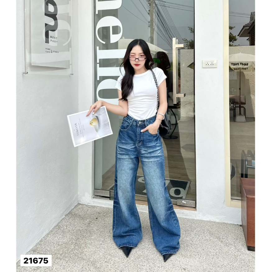 YME BRAND กางเกงยีนส์ผู้หญิง ทรงขากระบอกใหญ่ ผ้าไม่ยืด เอวสูง แต่งเฟดสวย