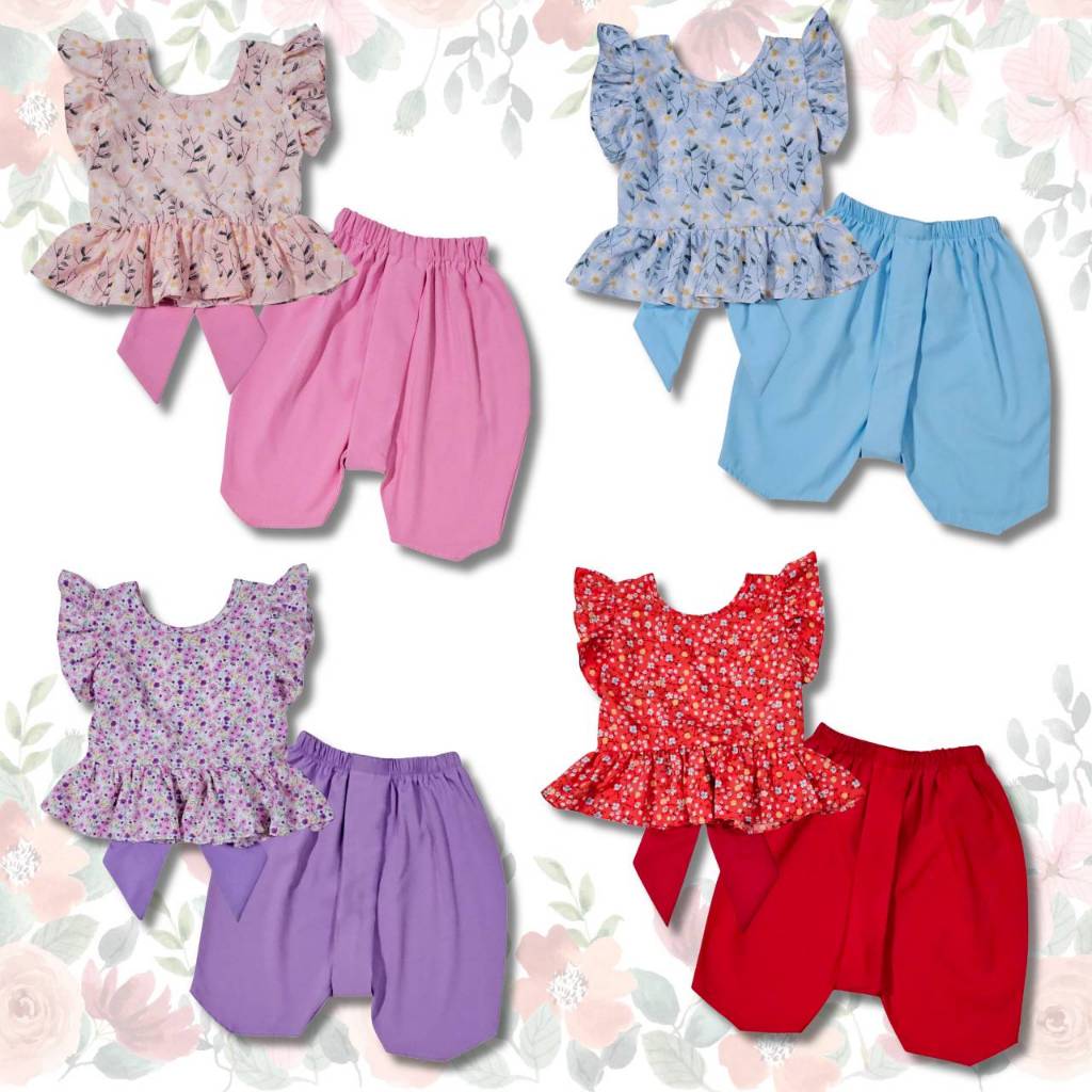 (T860) ชุดไทยเด็กหญิง เสื้อแขนระบาย+โจงกระเบน สำหรับลูกสาว เสื้อลายดอก โบว์ใหญ่ น่ารักๆ ชุดเด็ก ชุดเด็กแฟชั่น ชุดลายดอก