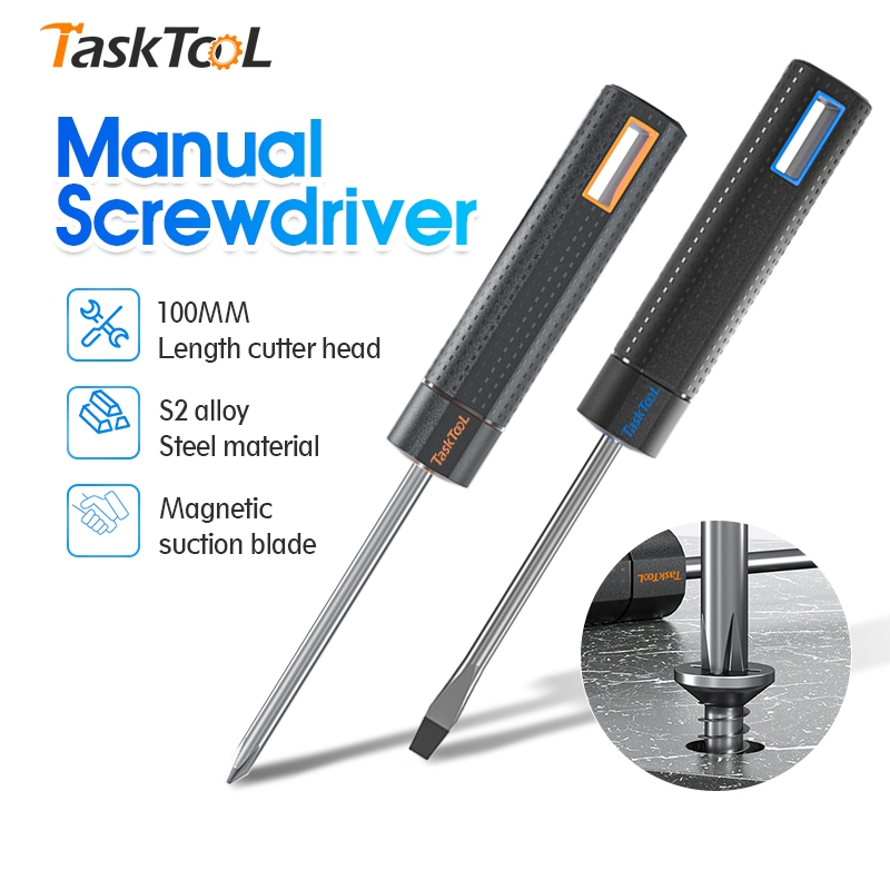 TASKTOOL ไขควง ไขควงแม่เหล็ก 6mm ไขควงตอก ด้ามไขควง ปากแบน/แฉก เหล็กอัลลอยด์ S2 ความแข็ง HRC 56
