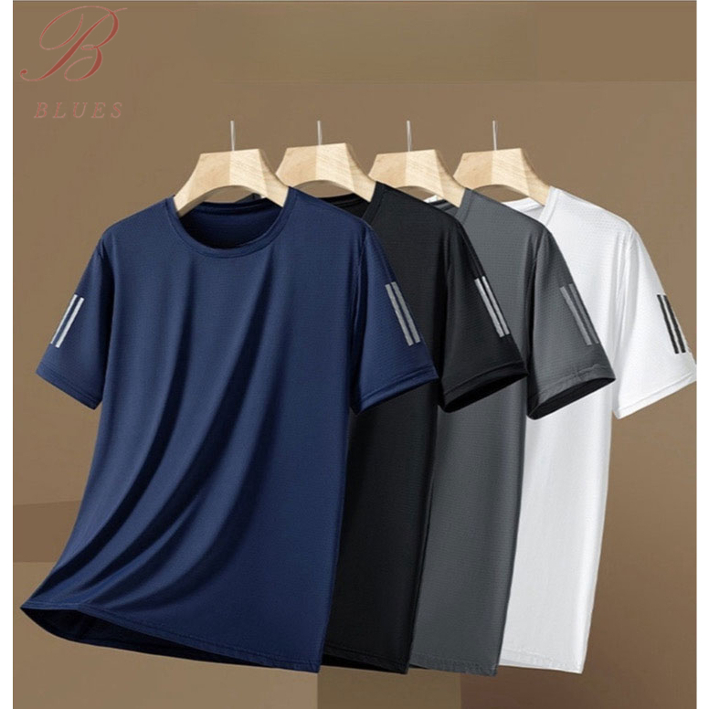 B BLUES คอกลม ผ้าไหมน้ำแข็ง เย็น แขนสั้น ชาย ฤดูร้อน แบบหลวม ใส่สบาย กีฬา เสื้อยืด ยืดหยุ่นสูง แมทช์ลุคง่าย ขยายใหญ่