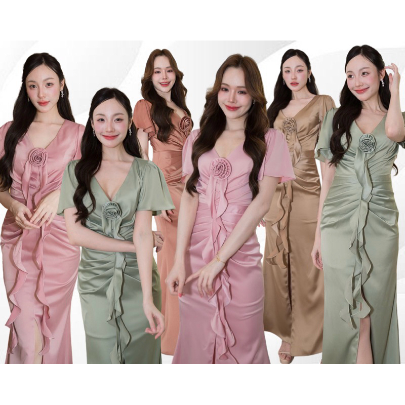 เดรสยาวแต่งดอกไม้ช่วงอก รุ่น 314