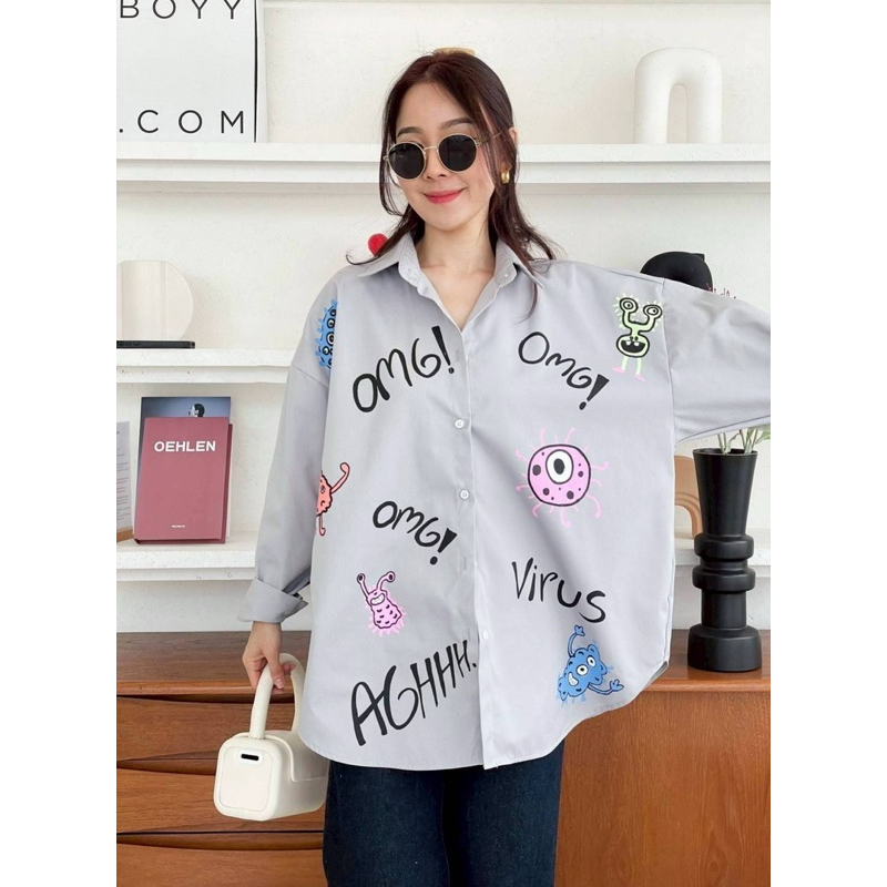 เสื้อเชิ้ตโอเวอร์ไซต์ พิมพ์สกรีนลายเท่ห์ๆ น่ารัก 6 สี ราคา ถูกที่สุด ดีลบีเคเค แกลเลอรีภาพที่ 9