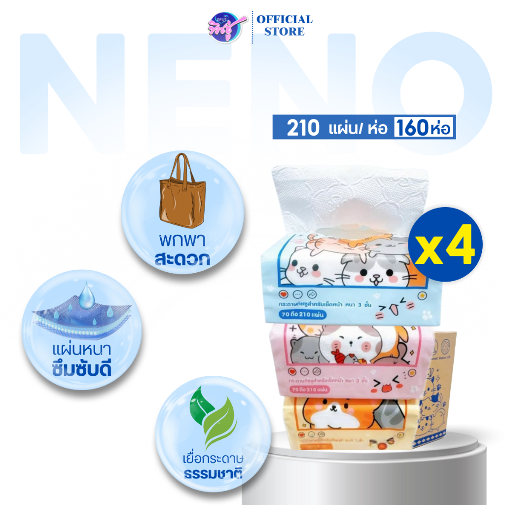[เซท 4 ลัง] Neno นีโน่ แมว กระดาษทิชชู่เช็ดหน้าป๊อปอัพ ยกลัง 40 ห่อ หนา 3 ชั้น ห่อ 210 แผ่น ขนาดพกพา
