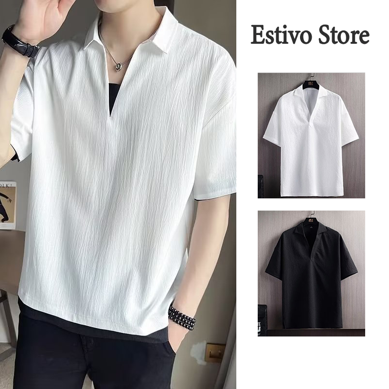 เสื้อเชิ้ตคอพีของชาย เสื้อสีเดียวแบบเกาหลี เสื้อยืดทันเทรนด์และเข้ากับทุกชุด – โปรปัง