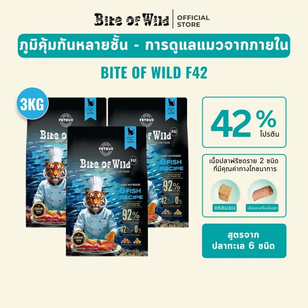 Bite Of Wild F42 ซอง 3กก สูตรปลา 6 ชนิด ปราศจากธัญพืช สำหรับแมวทุกช่วงวัย