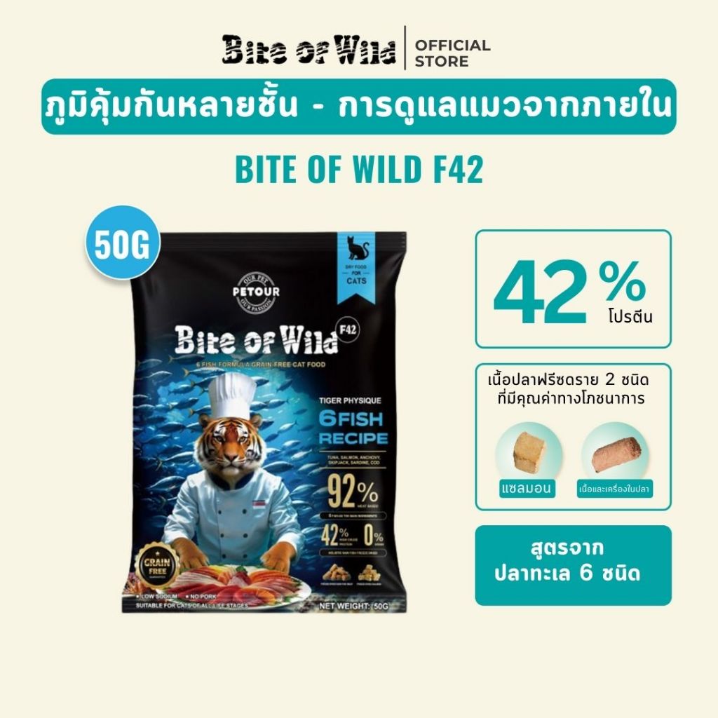 Bite Of Wild F42 ซอง 50g สูตรปลา 6 ชนิด ปราศจากธัญพืช สำหรับแมวทุกช่วงวัย