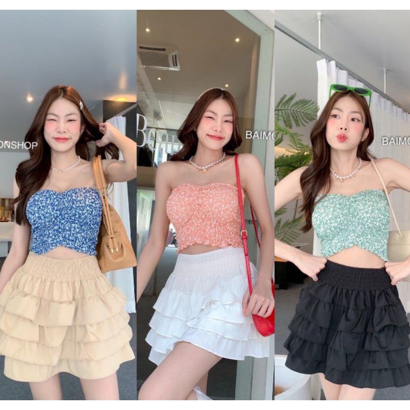💰MahahengCloset💰เกาะอกลายดอก ย่นหน้า เก็บทรงเป๊ะเว่อร์  ใส่แล้วเซ็กซี่สุดๆ💋