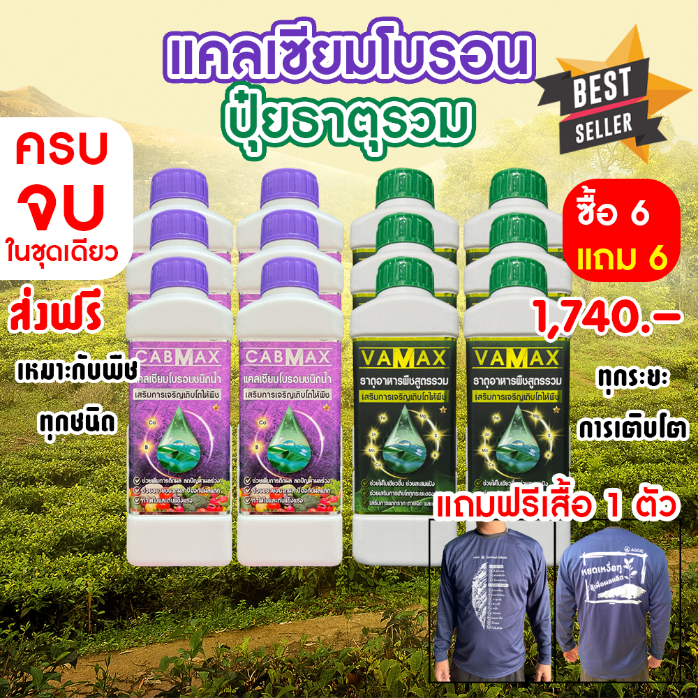 ( 6แถม6 ) CABMAX แคลเซียมและโบรอนเข้มข้น + VAMAX ธาตุอาหารรวมเข้มข้น 12 ลิตร (C6+V6+เสื้อ)