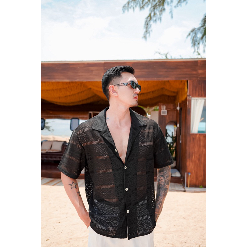 ROBMAN เสื้อถักผ้าตาข่ายผู้ชาย สีดำ มาใหม่ล่าสุด Summer Collection เสื้อผู้ชายงานเกาหลี ผู้ชายสายฝอ 