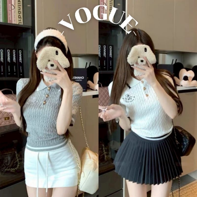 Vogue🌟พร้อมส่ง🌟 เสื้อยืดคอปก ไหมพรม แขนสั้น เรียบหรู สีพื้นยืดพอดี (W-K073)