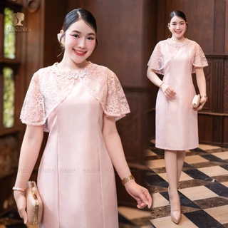 Sukunya [6415]ชุดเดรสผ้าไหมแต่งลูกไม้ ตัดเย็บพรีเมี่ยม