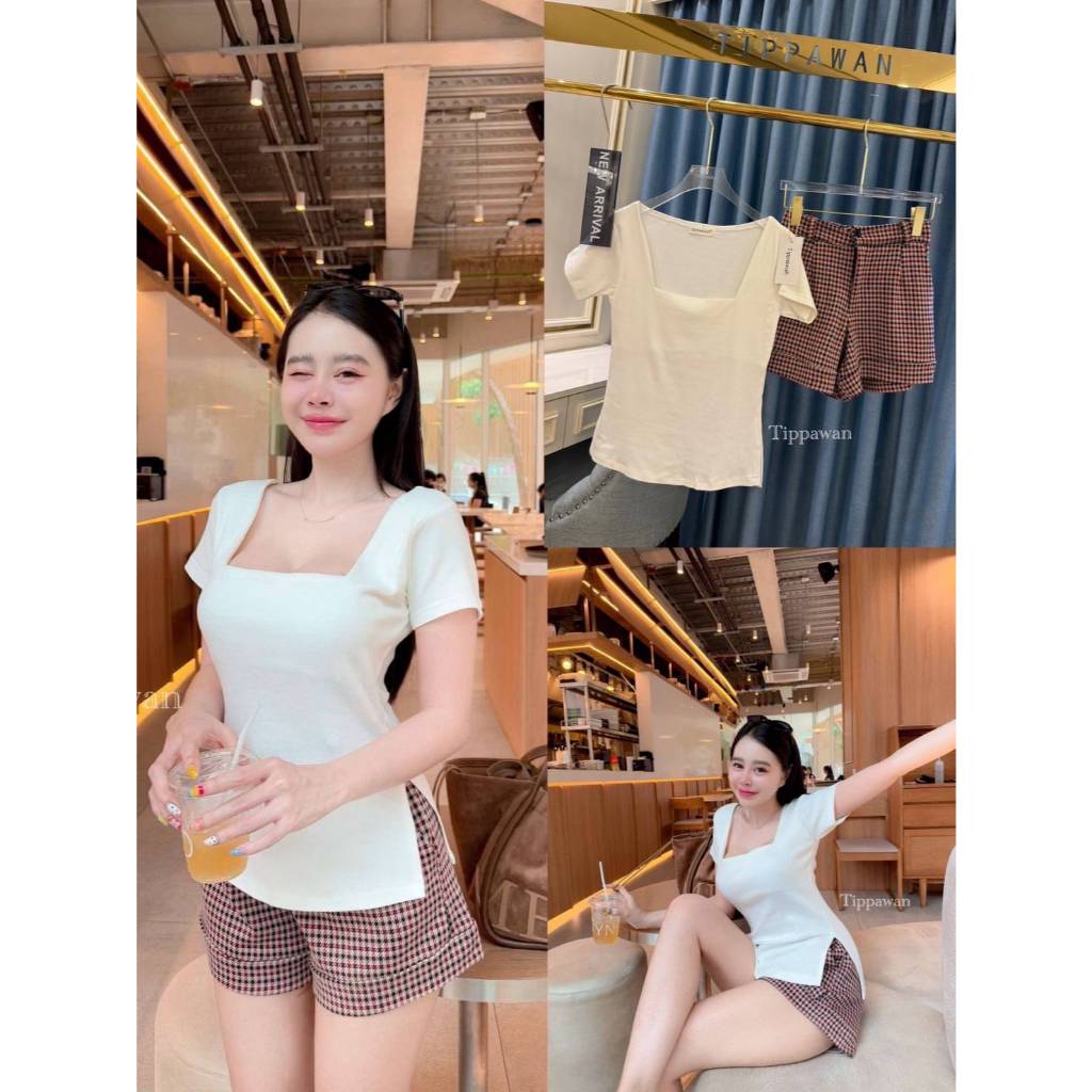 【TIPPAWAN】 TPW 8881 เสื้อคอเหลี่ยม มาพร้อมคู่กางเกงขาสั้นทรงบารบี้ น่ารักๆแบบชุดเดียวจบ เนื้อผ้าทอสว
