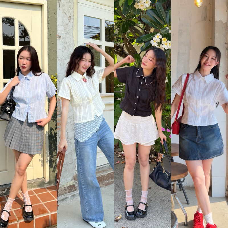 AGLEAMIN3011 | Pearl top 02 เสื้อเชิ้ตแขนสั้นคอปกลูกไม้