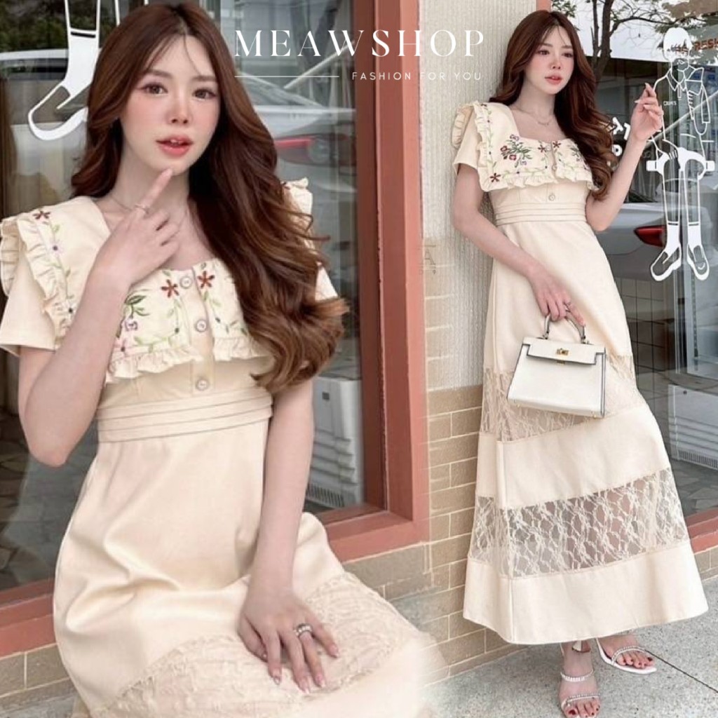 S-3XL ✨️ เดรสยาวคอเหลี่ยมแขนสั้น งานปัก ปกกะลาสี ชุดสาวอวบ อ้วน ชุดทำงานผู้หญิง ชุดออกงาน ชุดไปงาน ช