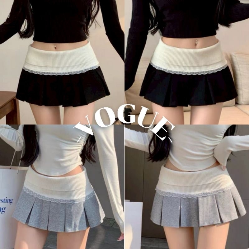 Vogue🌟พร้อมส่ง🌟 กระโปรงเอวสูง ผ้าไหมพรมทรงพลีส สีพื้นยืดพอดี (Z-T820)