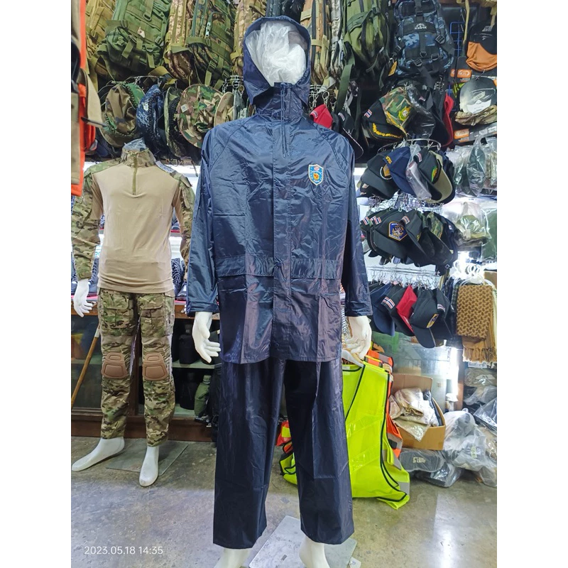ชุดกันฝนเสื้อและกางเกง มีฮูด ซิปกระดุม เอวยืด ผ้า PVC