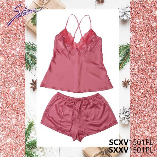 Sabina - SCXV1501/SXXV1501 ชุดนอนผ้าซาตินลื่นๆ ผ้าไม่หนาใส่สบาย เสื้อสายเดี่ยว+กางเกงขาสั้นเอวยาง