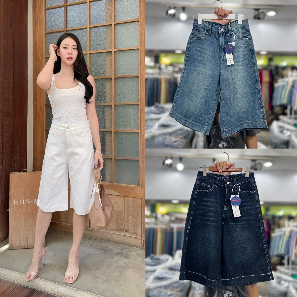 ninn jeans 9674 งานกางเกงยีนส์ขา 5 ส่วน งานผ้าไม่ยืด เอวสูง ปลายขาเย็บเก็บงานเรียบๆทรงสวย