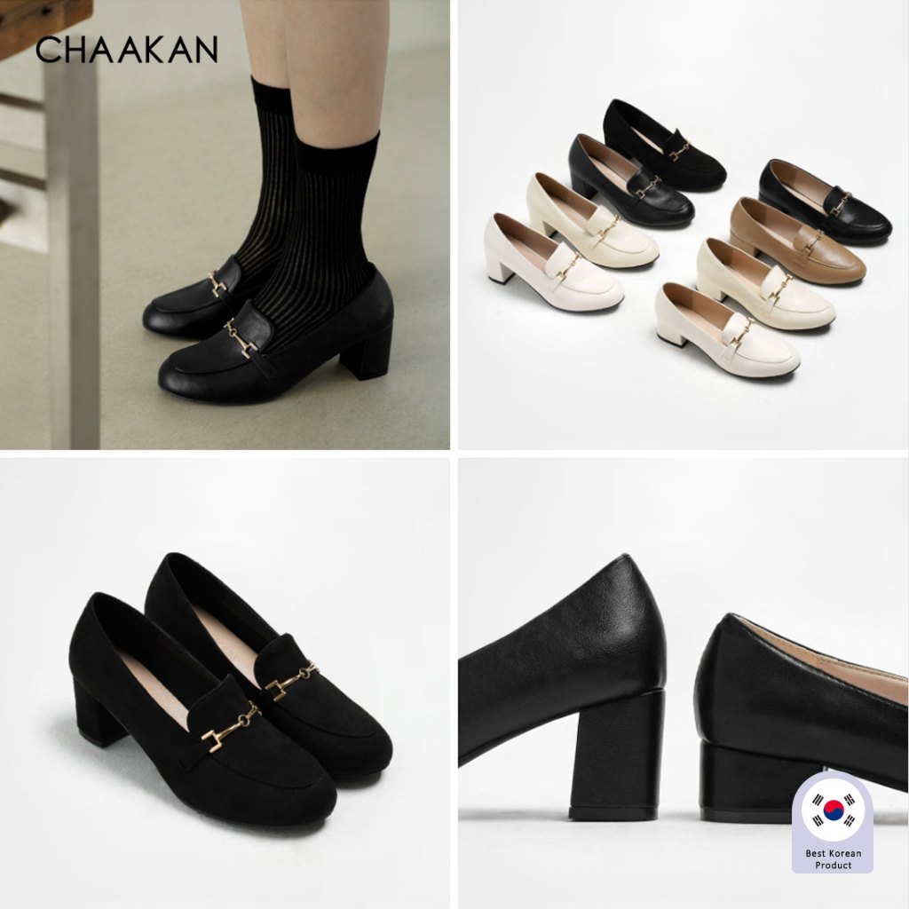 CHAAKAN [สินค้าจากเกาหลี 100%] Opening Horsebit Loafers โลฟเฟอร์ ส้น 3.5/6ซม.พื้นนุ่ม หนัง PU ใส่สบาย ลุคเรียบหรู เกาหลี