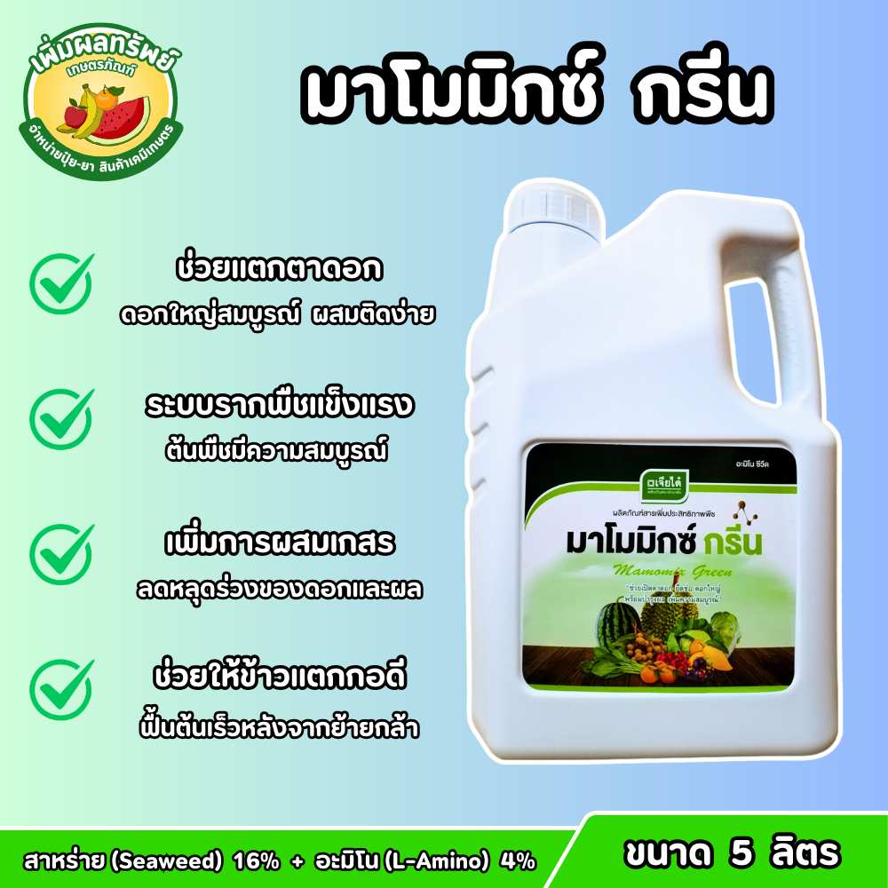 มาโมมิกซ์ กรีน (สาหร่าย+อะมิโน) ขนาด 5 ลิตร เปิดตาดอก ดอกใหญ่ บำรุงผล ลดการหลุดร่วง ข้าวแตกกอดี ต้นพืชสมบูรณ์