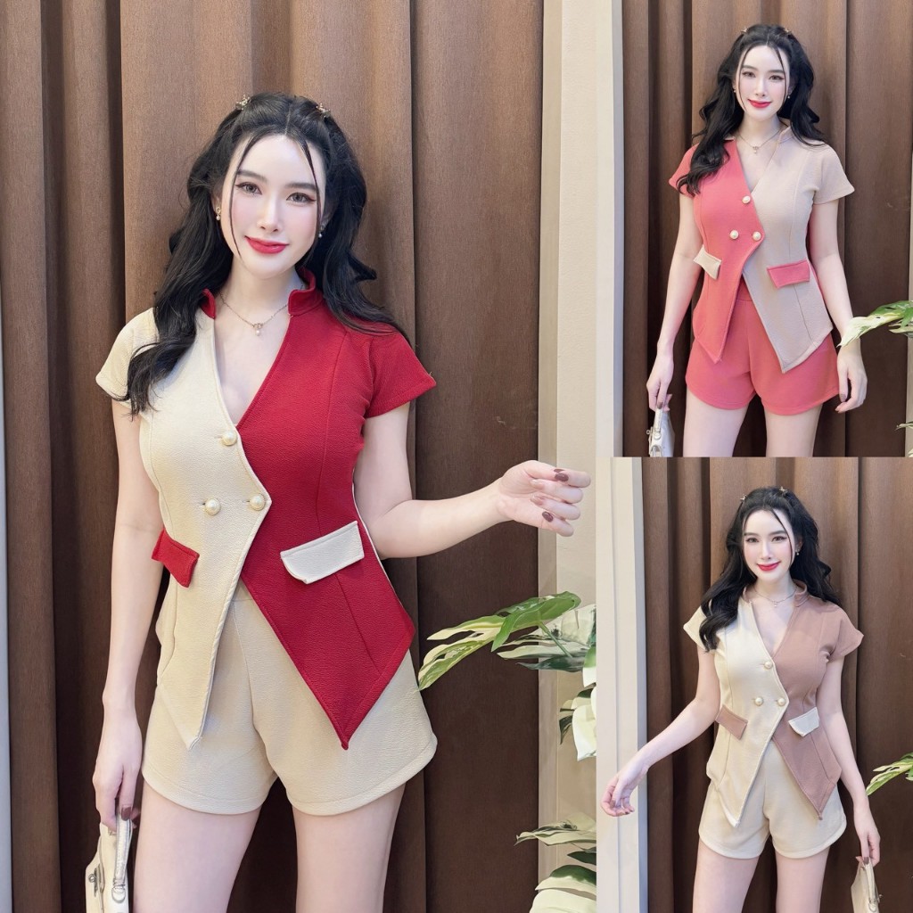 ชุดเซตสั้นทรูโทนผ้าวูลเวฟ เสื้อทรงสูทกระดุมมุกหน้าแต่งกระเป๋าหน้า+กางเกงเอวเรียบ A6574
