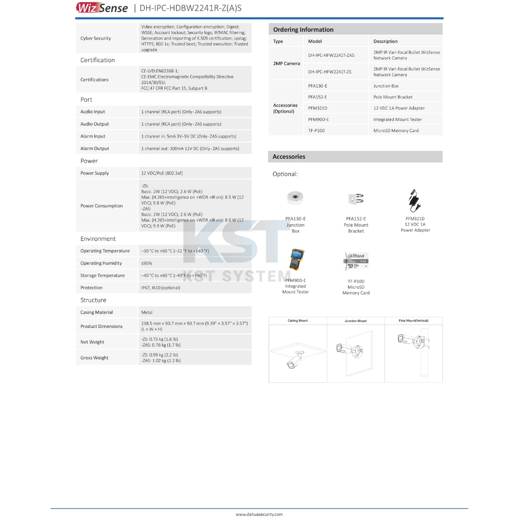 IPC-HFW2241T-ZAS (มอเตอร์ไฟฟ้า) กล้องวงจรปิด Dahua WizSense IPC 2MP PoE