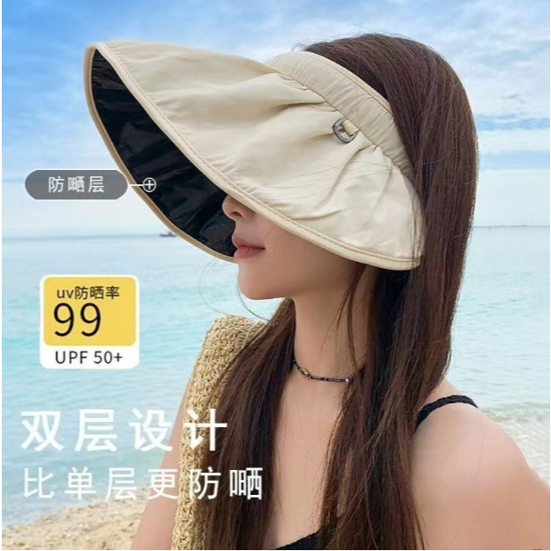 หมวกกันแดดสำหรับผู้หญิง หมวกกันแดด ทรงสูงโปร่ง พับเก็บได้ ช่วยปกป้องใบหน้าและลำคอจากแสงแดดและรังสี UV