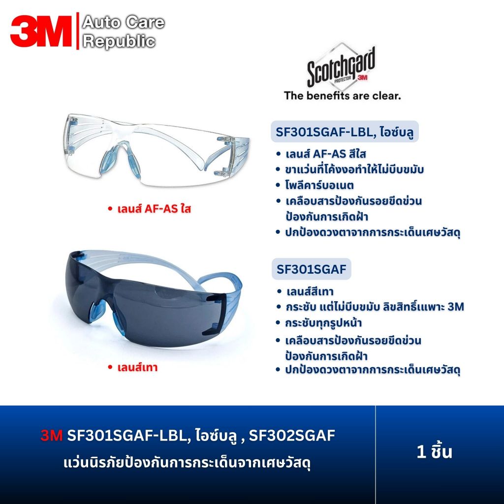 3M SecureFit SF301SGAF-LBL, ไอซ์บลู, Scotchgard Anti-fog Coating เลนส์ใส แว่นตานิรภัย , SF302SGAF เลนส์เทา (1 ชิ้น)