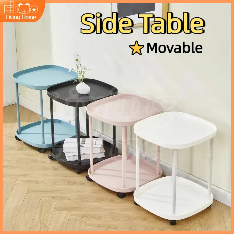 โต๊ะกาแฟ โต๊ะกาแฟเคลื่อนที่ขนาดเล็ก โต๊ะข้างโซฟามีล้อ ชั้นวางของ 2 ชั้น ตู้เก็บของเรียบง่าย โต๊ะ