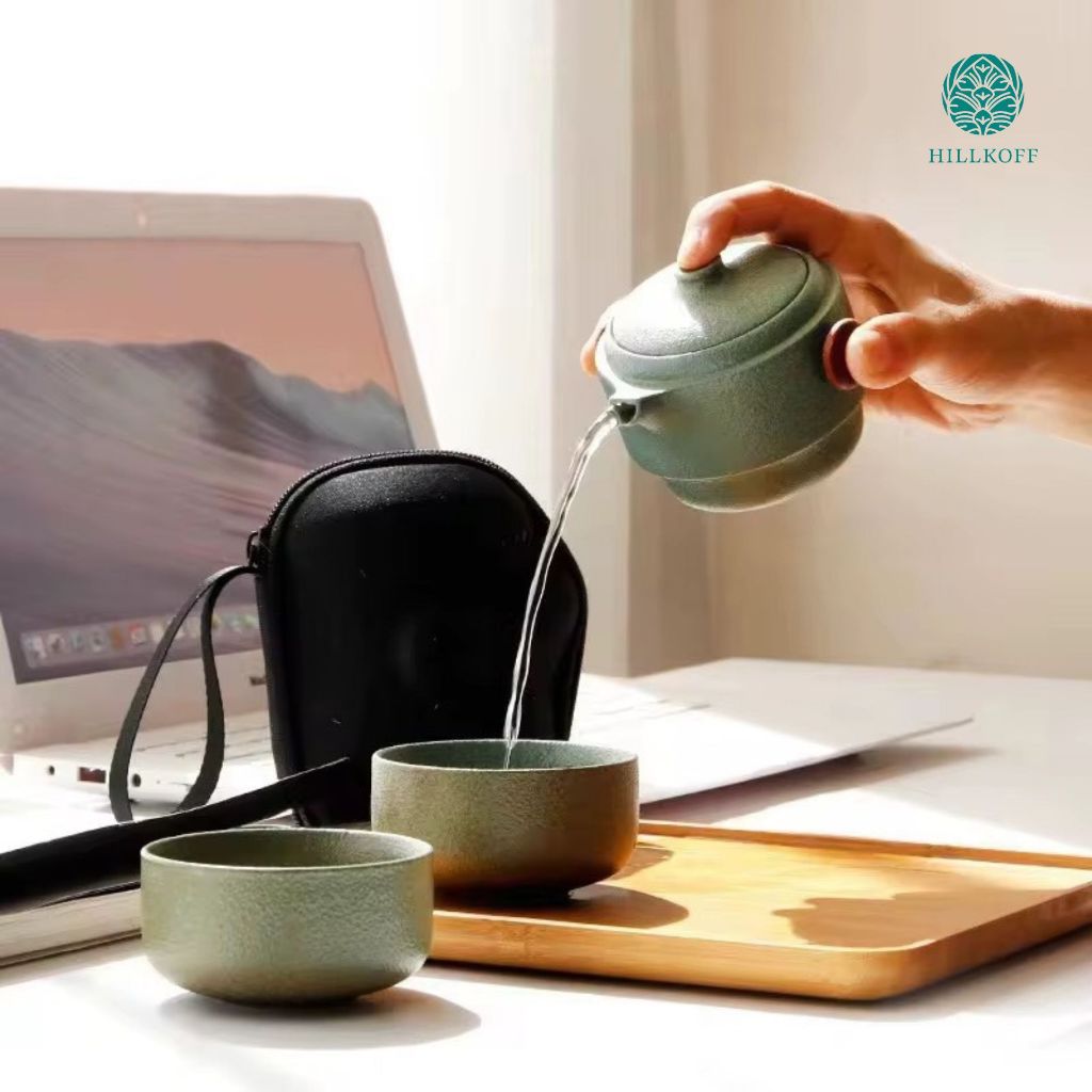 Hillkoff : ชุดอุปกรณ์ชงชาจีน Tea kettle set with bag แบบพกพา พร้อมกระเป๋า ถ้วย 2 ใบ