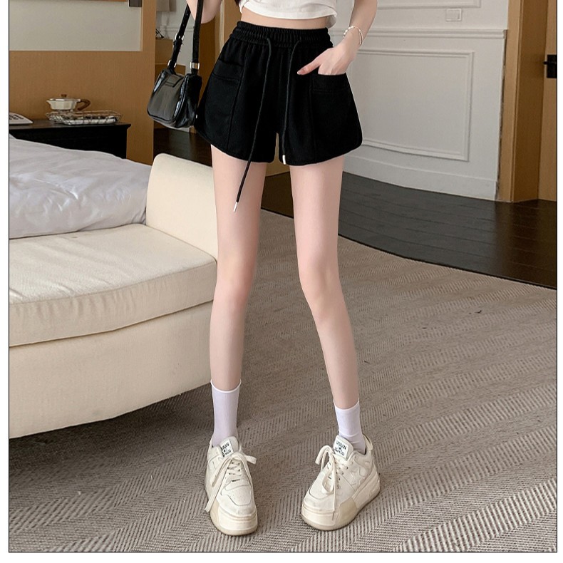 Fancy Fashion กางเกงลำลองใส่สบาย กางเกงขาสั้นลําลองสีขาวเวอร์ชั่นเกาหลีเอวยางยืดมีเชือกผูก - รูปที่ 3