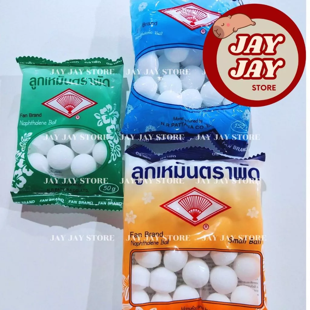 ลูกเหม็น ตราพัด 150g สีฟ้าลูกเล็ก / สีเขียวลูกใหญ่ ดับกลิ่น Naphthalene Ball Fan Brand ไล่หนู ดับกลิ่นห้องน้ำ