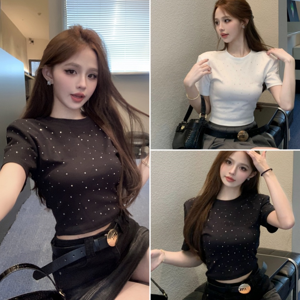 Beryl 🌻เสื้อยืดสวยๆผู้หญิง เสื้อยืดเซ็กซี่ แขนสั้นคอกลม สีพื้น ดีไซน์ประดับเพชร ทรงเข้ารูป สไตล์เกาหลีเรียบง่าย