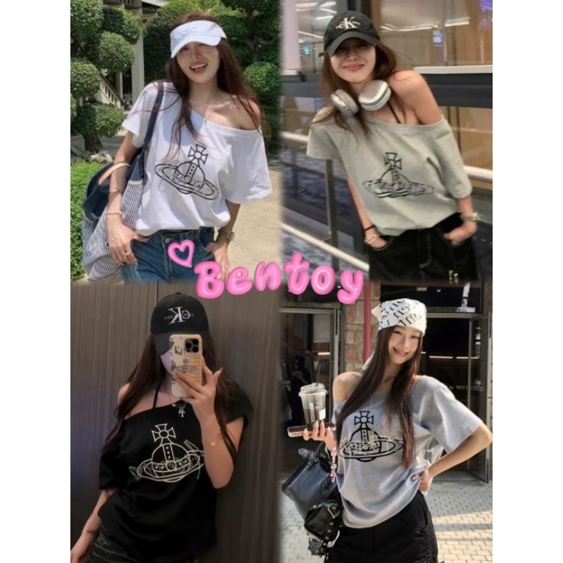 Bentoy(Q​1​179)​เสื้อยืดผู้หญิง คอกลม แขนสั้น เสื้อยืด over Size เสื้อเปิดไหล่ สีพื้น ใส่ชิวชิว สบายๆ – โปรปัง