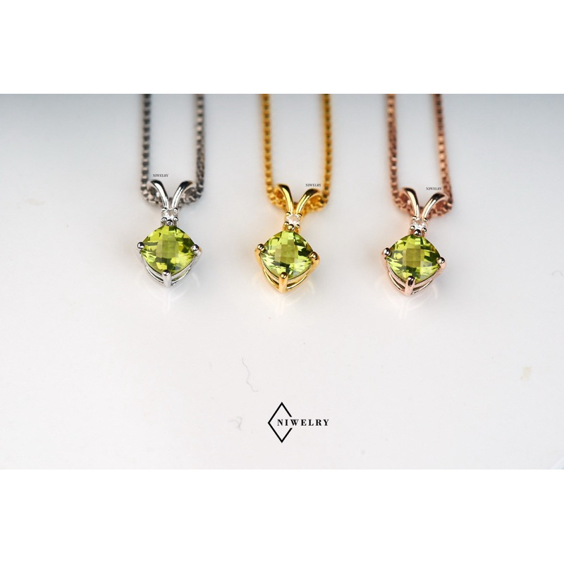 จี้พลอยเพอริดอท Peridot แท้ธรรมชาติ รุ่น Happy Cushion ประดับพลอยขาวแท้ธรรมชาติ ตัวเรือนเงินแท้ พร้อมใบรับประกัน