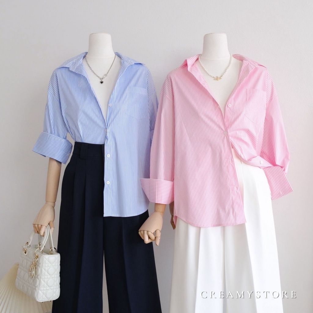 Creamystore เชิ้ตโอเวอร์ไซส์คอปกแขนยาว ลายริ้ว งานป้ายPrisana เชิ้ตทำงาน