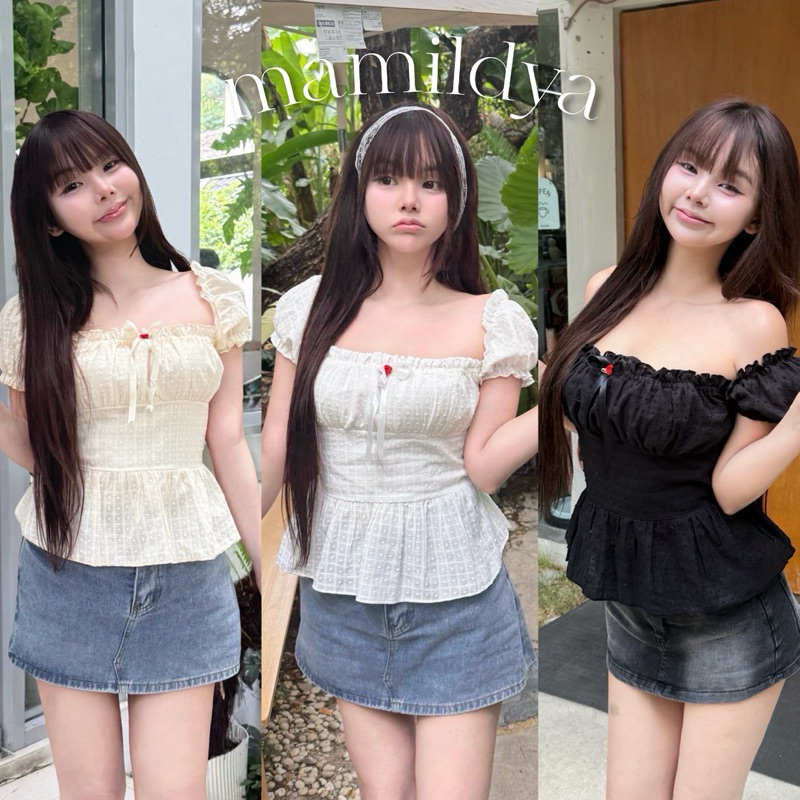 🌟Mamildya.shop🌟 เสื้อแขนตุ๊กตา แต่งโบว์ ริบบิ้น จะใส่ขึ้นไหล่ หรือบาดไหล่ก็ได้/ L3-3/NUSA-ติดโรส
