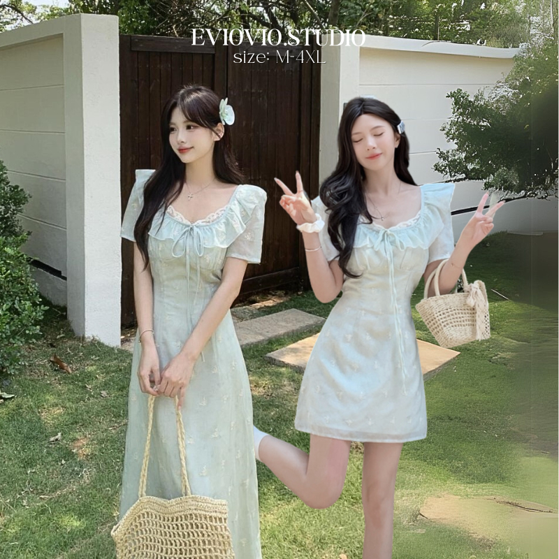 【EVIOVIO】M-4XL เดรสสีเขียวลายดอกไม้ แขนตุ๊กตา คอระบาย สไตล์เกาหลี - เดรสออกเดท ชุดเที่ยวฤดูร้อน