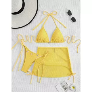 ชุดว่ายน้ำ bikini ชุดบิกินี่ 3 ชิ้น sexy ผูกคอ ตกแต่งด้วยเปลือกหอย ไปเที่ยวทะเล มีฟองน้ำ#0858