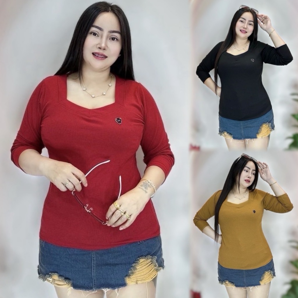 เสื้อยืดคนอ้วนแขนยาวร้านต๋อง อก38-44 ยาว24 ทรงเข้ารูปน่ารัก **รุ่น คอ5เหลี่ยมติดป้ายCP*Sแขนยาว**