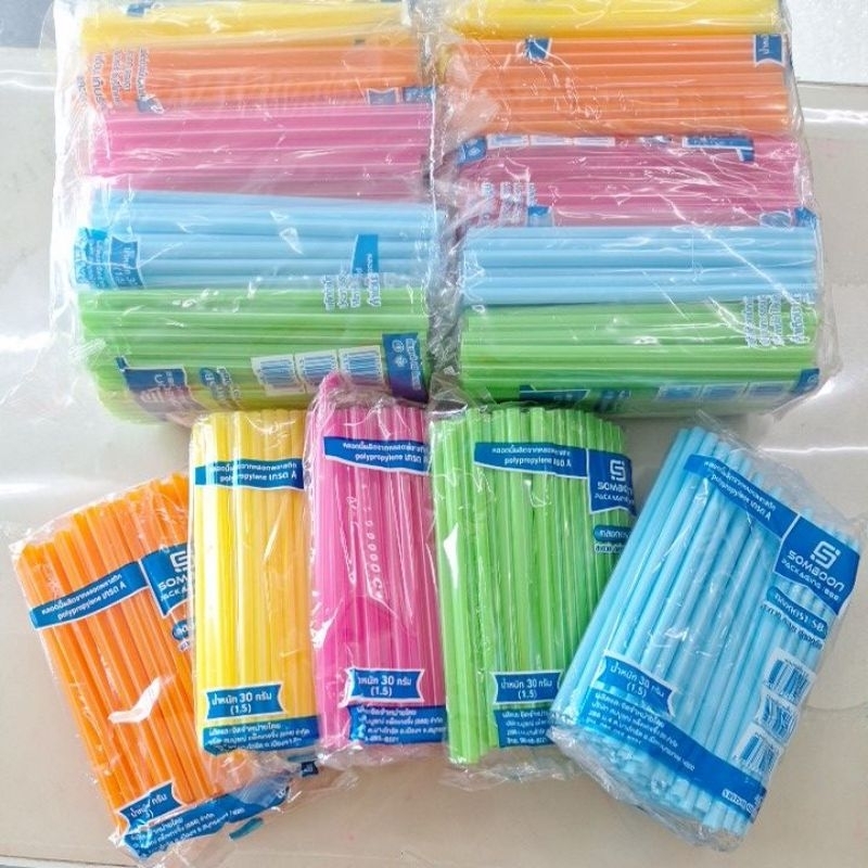 หลอดสี หลอดดูดน้ำ หลอดพลาสติก คละสี  หลอดสั้น หลอดยาว ยี่ห้อ SB ตราดาว หลอดมุก หลอดชาไข่มุก หลอดปลายแหลม 1 แพ็ค (10 ห่อ)