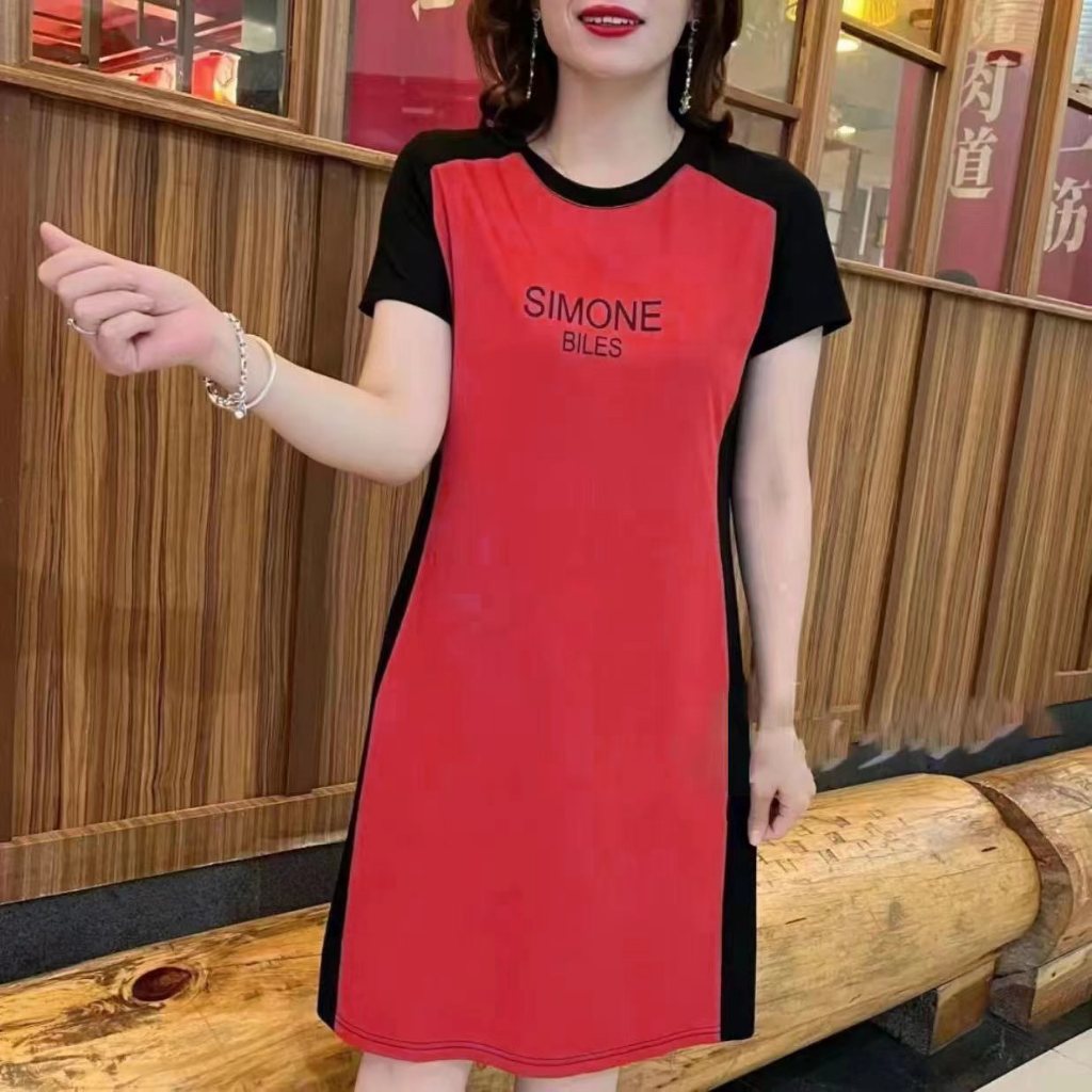 เดรสสั้นผู้หญิง คอกลม แขนสั้น สกรีนลายภาษาอังกฤษ ผ้ายืด ผ้าบางนิ่ม สวมใส่สบาย - รูปที่ 3