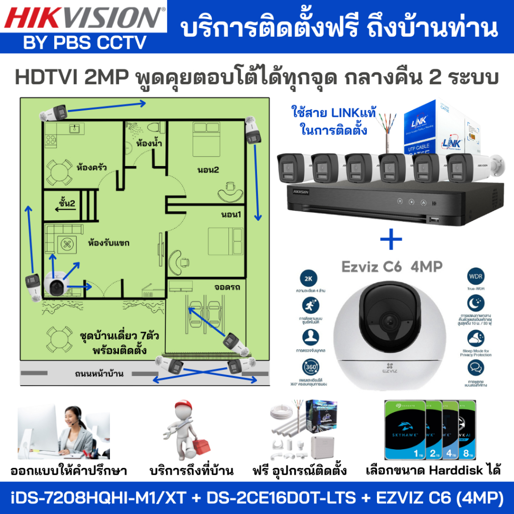 [ติดตั้งฟรี] ชุด7ตัว HIKVISION 2MP Two-Way Talk iDS-7208HQHI-M1/XT + DS-2CE16D0T-LFS + EZVIZ C6[4MP]